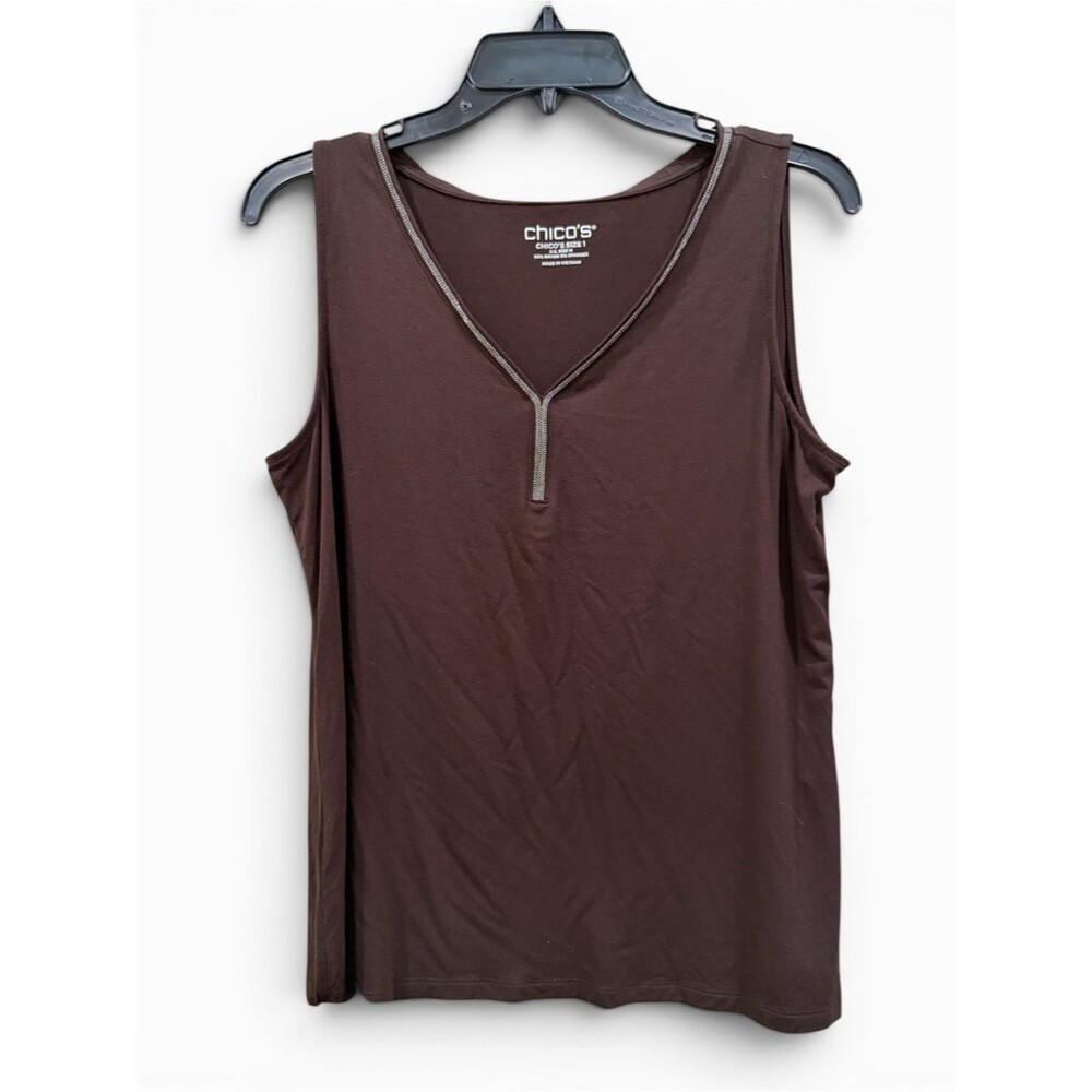 Chico's Metallic Trim V Neck Tank Top Sleeveless Stretch Brown Size 1 Medium